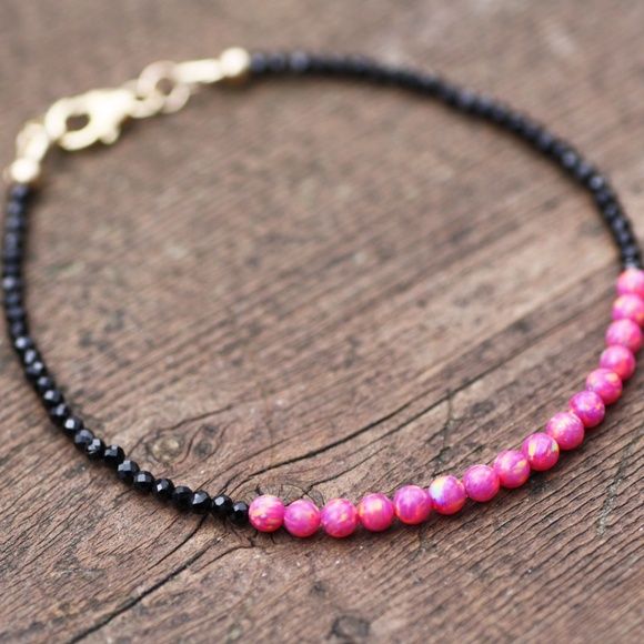 Handmade Natural Black Spinel and Pink Opal Bracelet 14k Gold Filled 7" - Picture 7 of 9